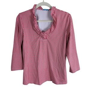 J. McLaughlin Durham Ruffle Top Catalina Cloth Pink Orange Houndstooth Sz M